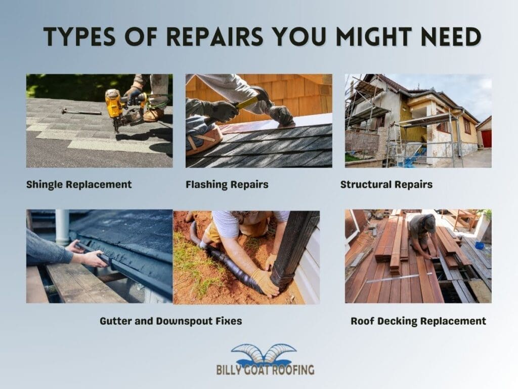 types of repairs you might need after storm damage: single replacement, flashing repairs, structural repairs, gutter and downpout fixes, and roof decking replacement